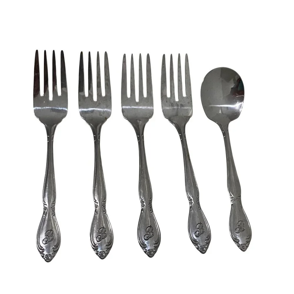 Vintage Monogram B Stainless Steel‎ Taiwan 5 Pieces Salad Forks Sugar Spoon